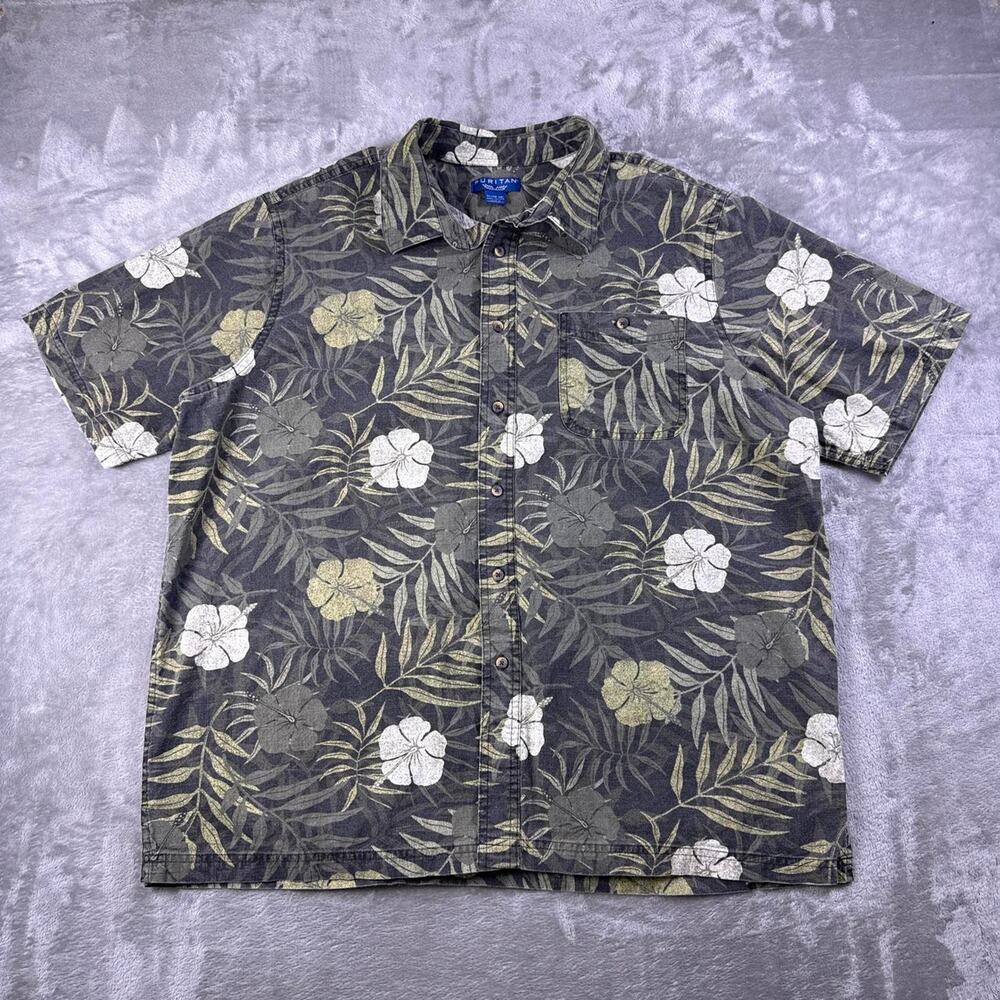 Puritan Men’s XL Hawaiian Floral Shirt Gray Green Cotton Short Sleeve